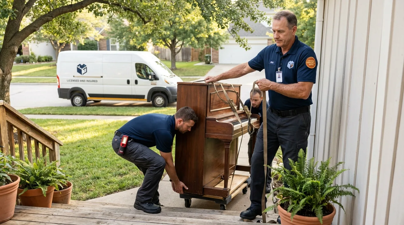 Licensed piano movers securing grand piano in Redford, MI