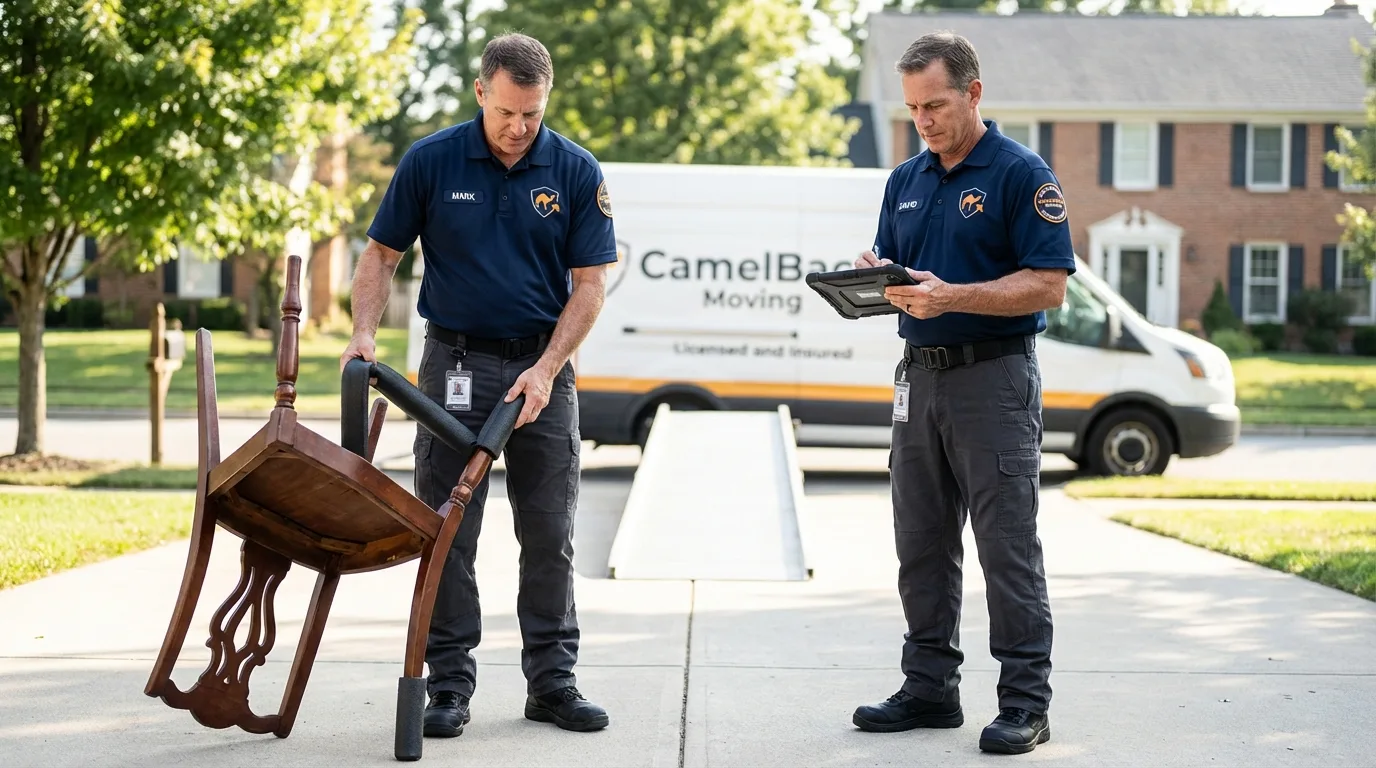 Movers inspecting furniture for damage prevention before loading in Redford, MI