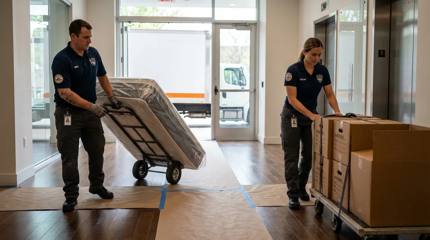 Professional apartment movers loading elevator in Redford, MI