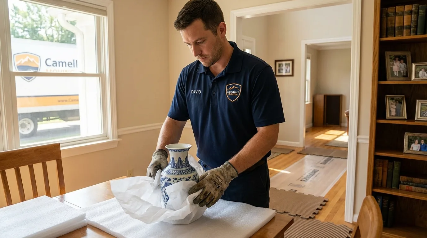 Professional crew carefully wrapping antique vase for senior downsizing move in Redford, MI